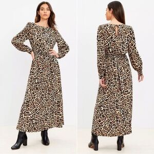 LOFT Long Sleeve Leopard Midi Dress Size Small